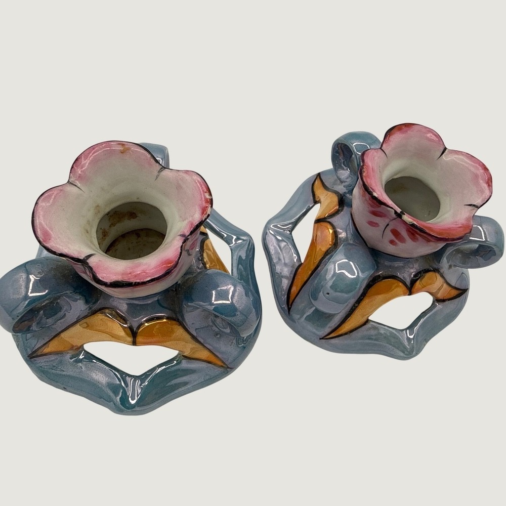 Vintage Handpainted Japan Art Deco Ceramic Candlestick Holders Floral Pair